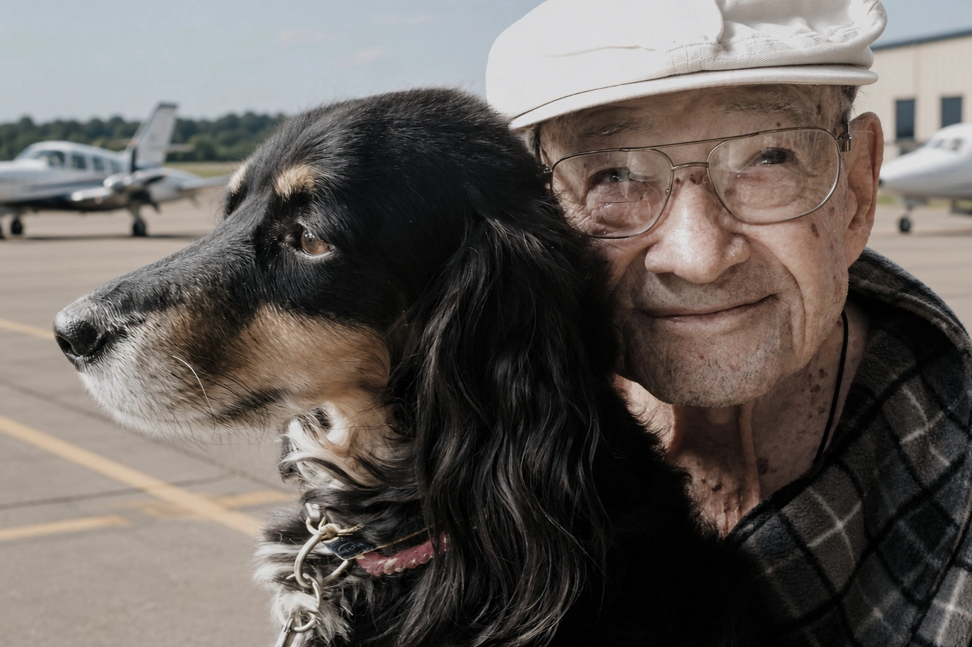 A More Considerate Pet Travel Alternative Older pet owner holding a his elderly dog during a pet relocation journey