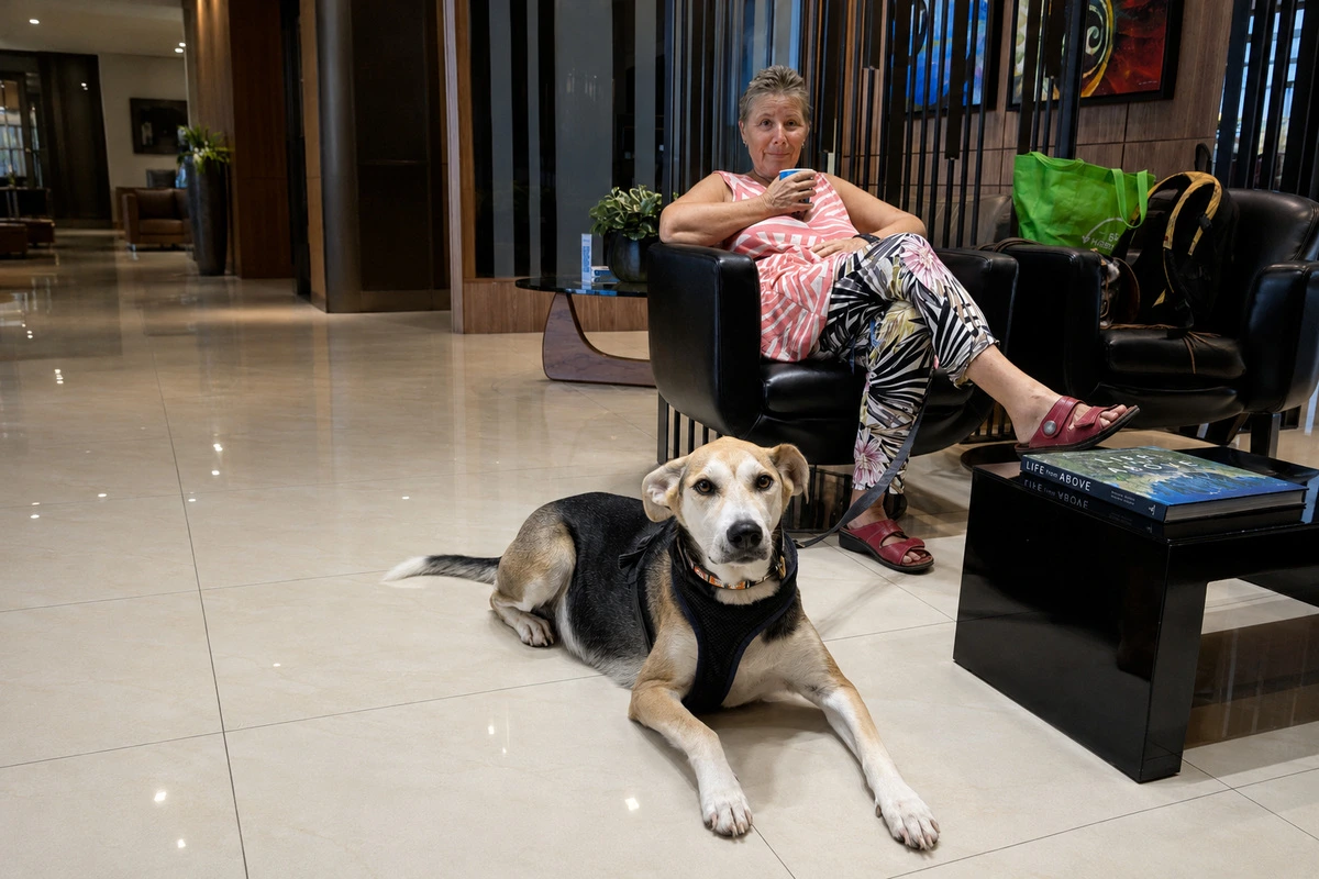 Owner-Accompanied Pet Relocation Pet owner relaxing with her dog prior to departure of an owner-accompanied relocation flight to Colombia