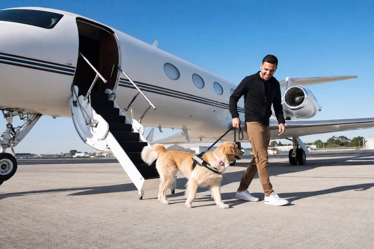 Shared Private Charter Travel With Pets Pet owner with his dog beside a private aircraft for a shared charter journey
